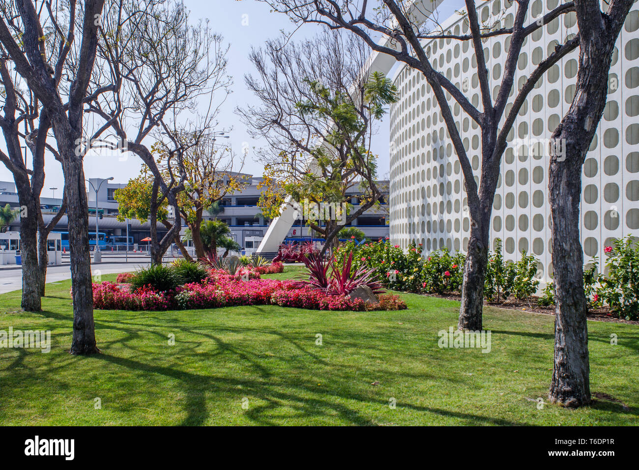 Los Angeles Airport Theme building close up from ground level with landscaping Stock Photo