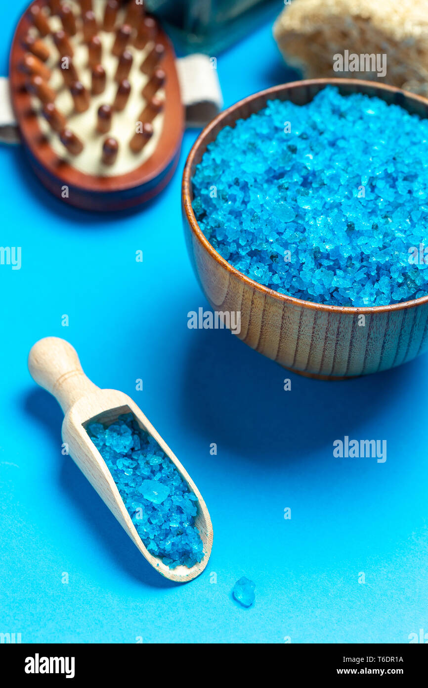 Spa setting with blue salt.Blue sea salt Stock Photo