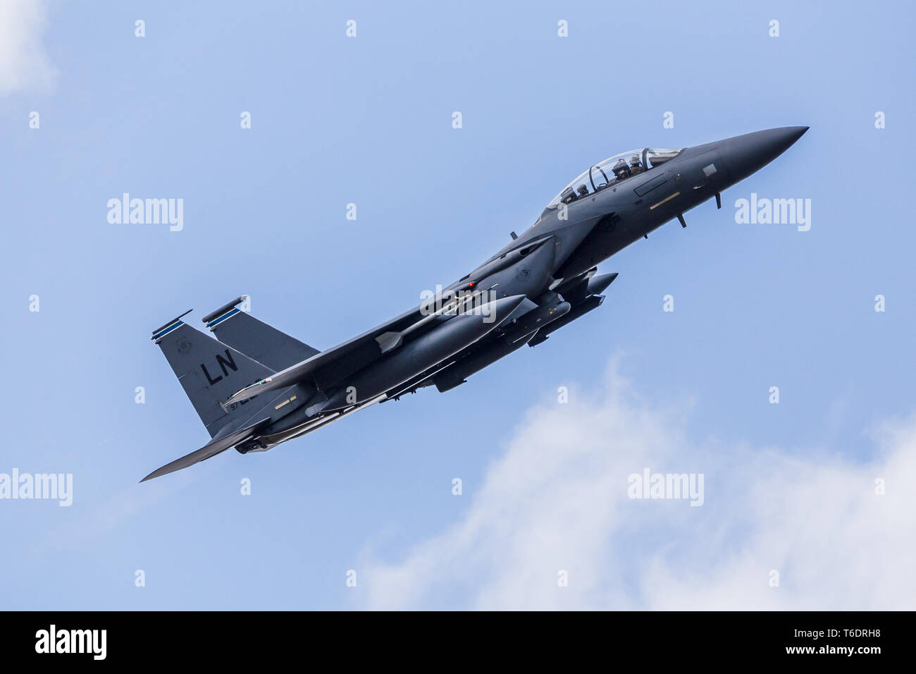 F-15E Strike Eagle assigned to the 492d Tactical Fighter Squadron launching for a training sortie from RAF Lakenheath in April 2019. Stock Photo