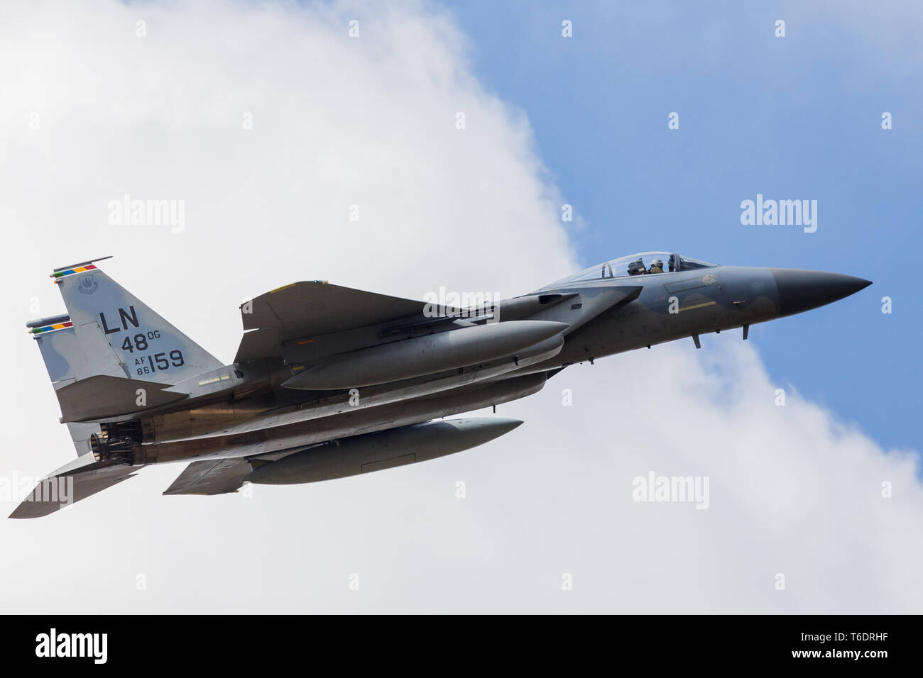 Close up of an F-15C Eagle assigned to the 493d Tactical Fighter Squadron launching for a training sortie from RAF Lakenheath in April 2019. Stock Photo