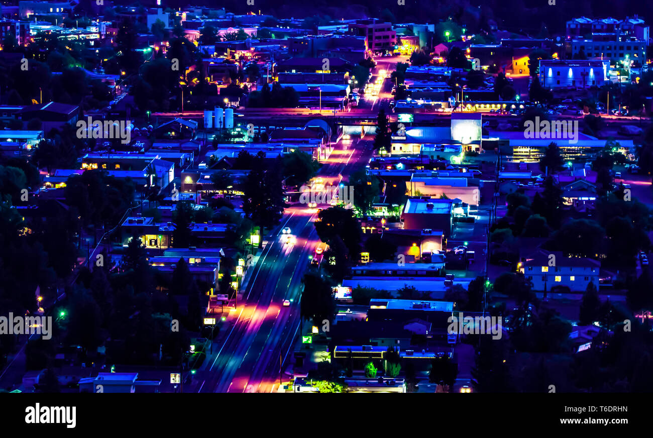 Spectacular Lighted City View of Hwy 20 From Pilot Butte Bend Oregon Stock Photo