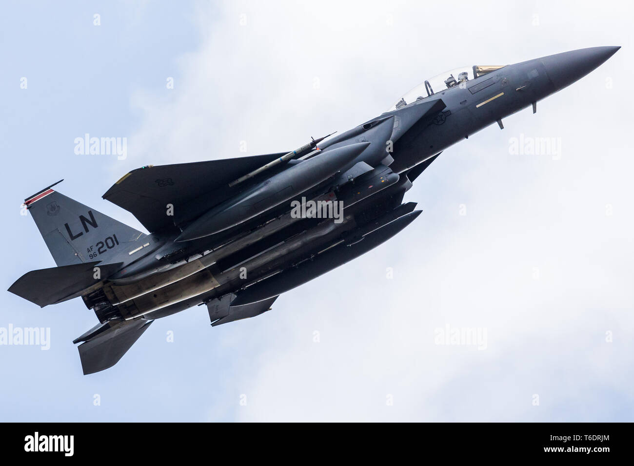 F-15E Strike Eagle assigned to the 494th Tactical Fighter Squadron launching for a training sortie from RAF Lakenheath in April 2019. Stock Photo