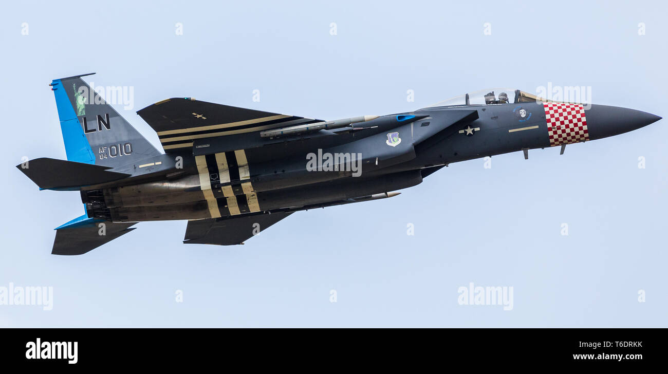 One of the three special coloured heritage F-15E Eagles taking off from RAF Lakenheath, Suffolk in April 2019. Stock Photo