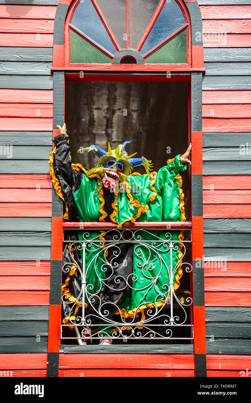 Vejigante in window of historic firehouse, Ponce, Puerto Rico Stock Photo