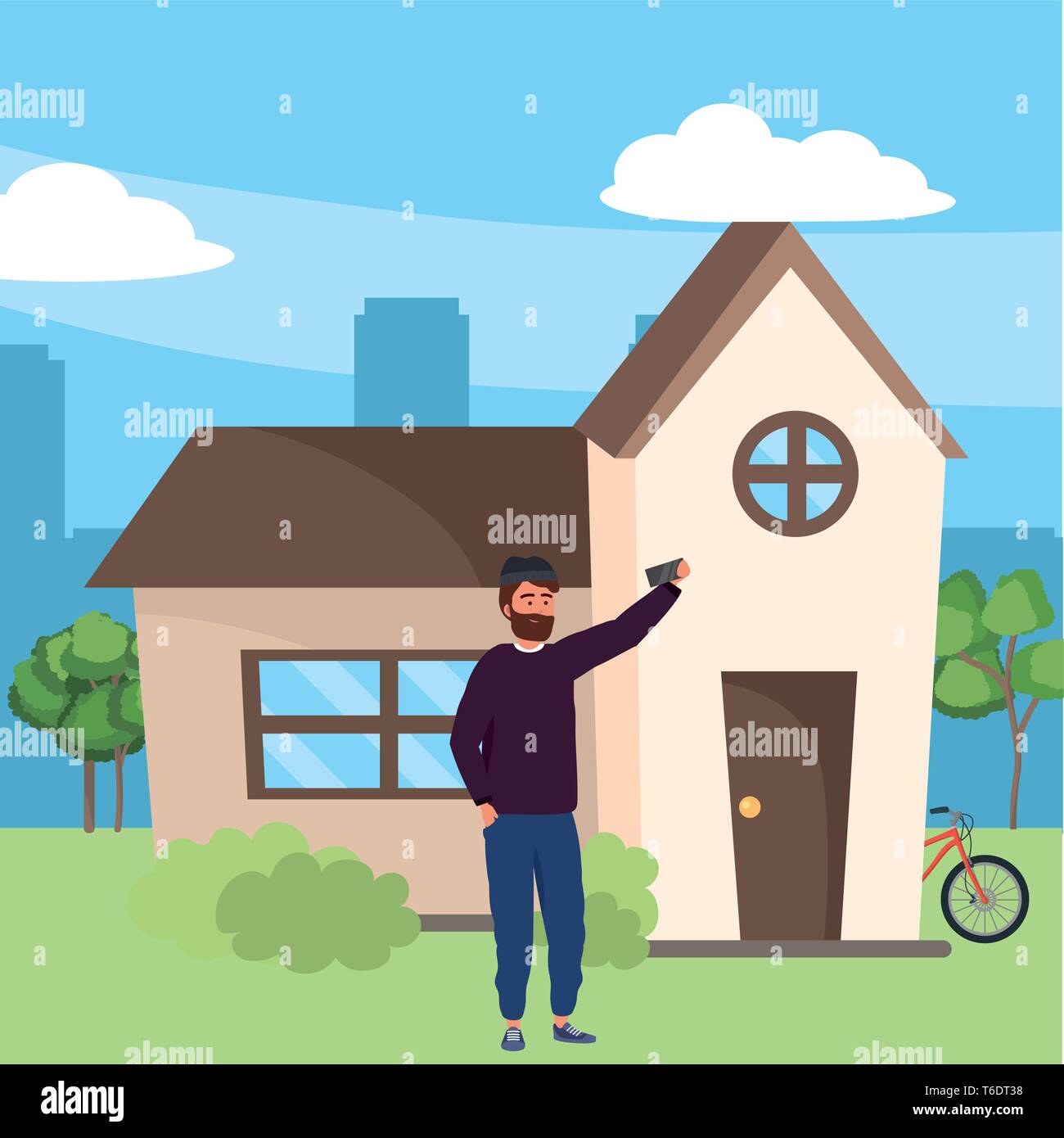 Millennial using smartphone browsing taking selfie suburban house bicycle beard beanie background vector illustration graphic design Stock Vector