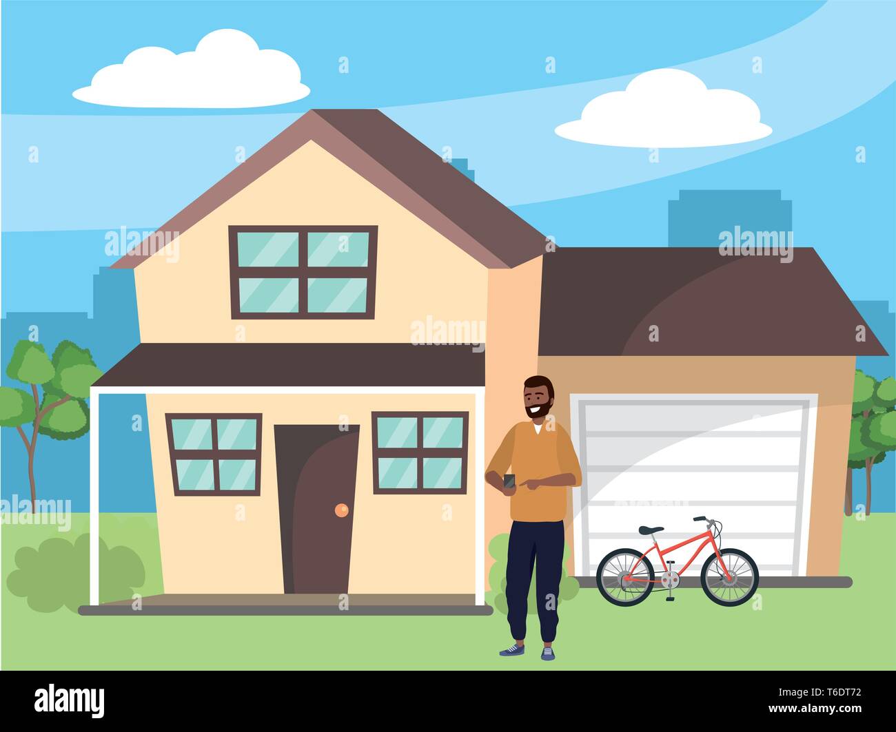 Millennial using smartphone browsing texting suburban house garage bicycle afro beard background vector illustration graphic design Stock Vector