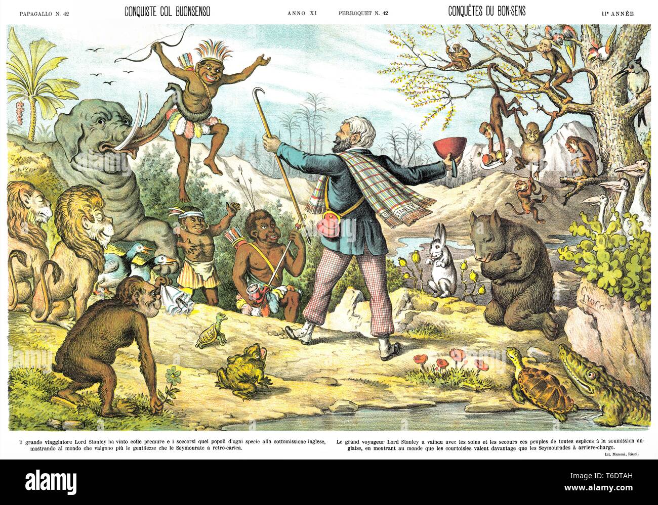 Conquests with common sense,  by satirical cartoon weekly Il Papagallo 1883 Stock Photo