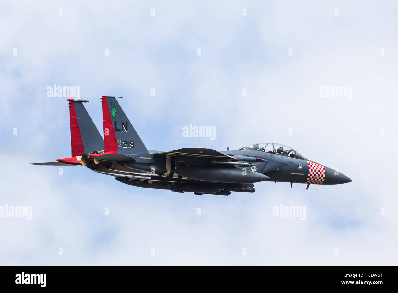 One of the three special coloured heritage F-15E Eagles taking off from RAF Lakenheath, Suffolk in April 2019. Stock Photo