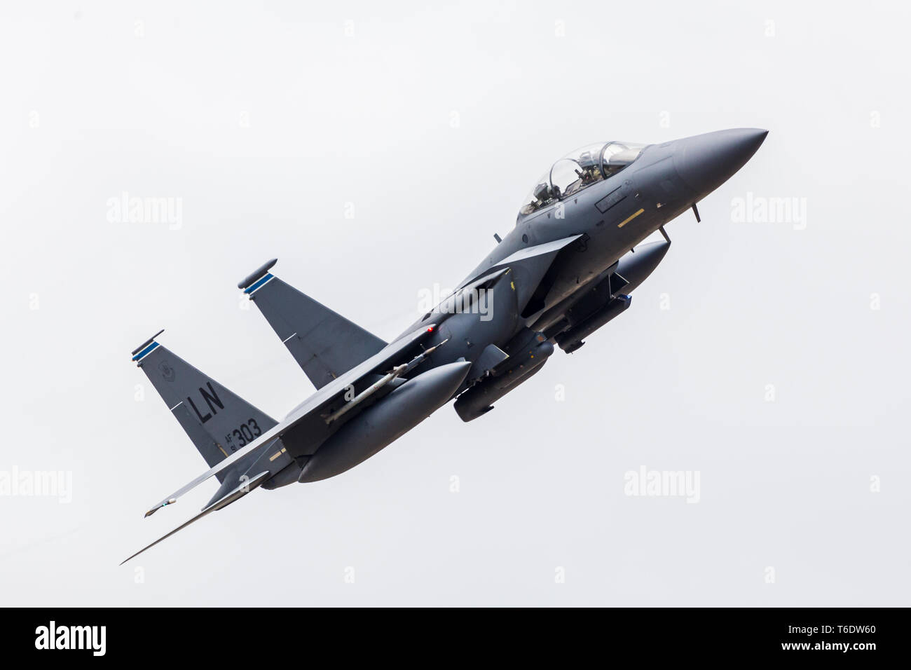 F-15E Strike Eagle assigned to the 492d Tactical Fighter Squadron launching for a training sortie from RAF Lakenheath in April 2019. Stock Photo