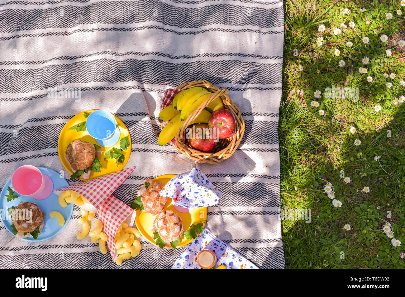A basket of fruit and sandwiches for a picnic outdoors in the park ...
