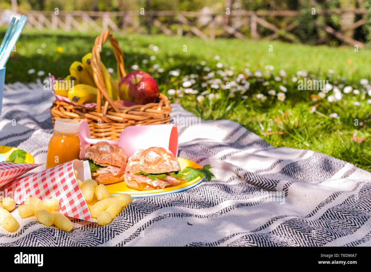 A basket of fruit and sandwiches for a picnic outdoors in the park ...