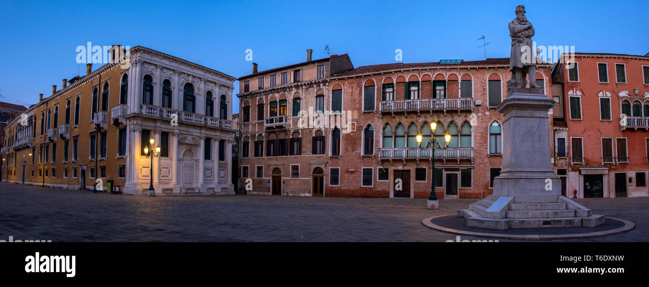 City of Venice Italy. The Campo Santo Stefano public square with the Niccolo Tommaseo monument in the foreground Stock Photo