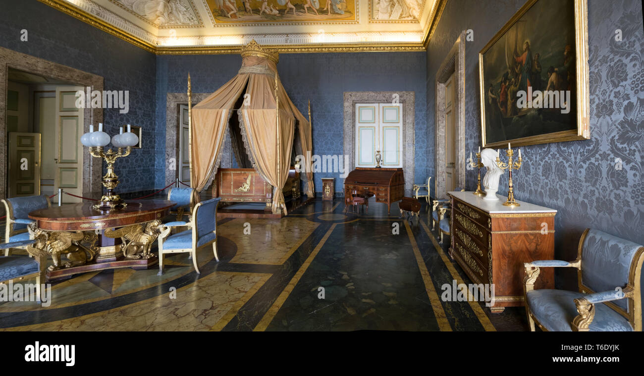Baroque interior bedroom early 18th century. Bourbon kings of Naples residence. UNESCO World Heritage site of Caserta, Italy. Stock Photo