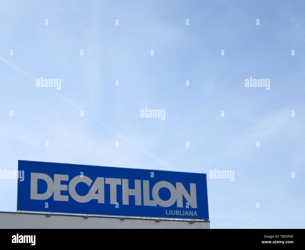 LJUBLJANA, SLOVENIA - MARCH 22 2019: Decathlon sign on a wall. Decathlon is a french company and one of the world's largest sporting goods retailers Stock Photo