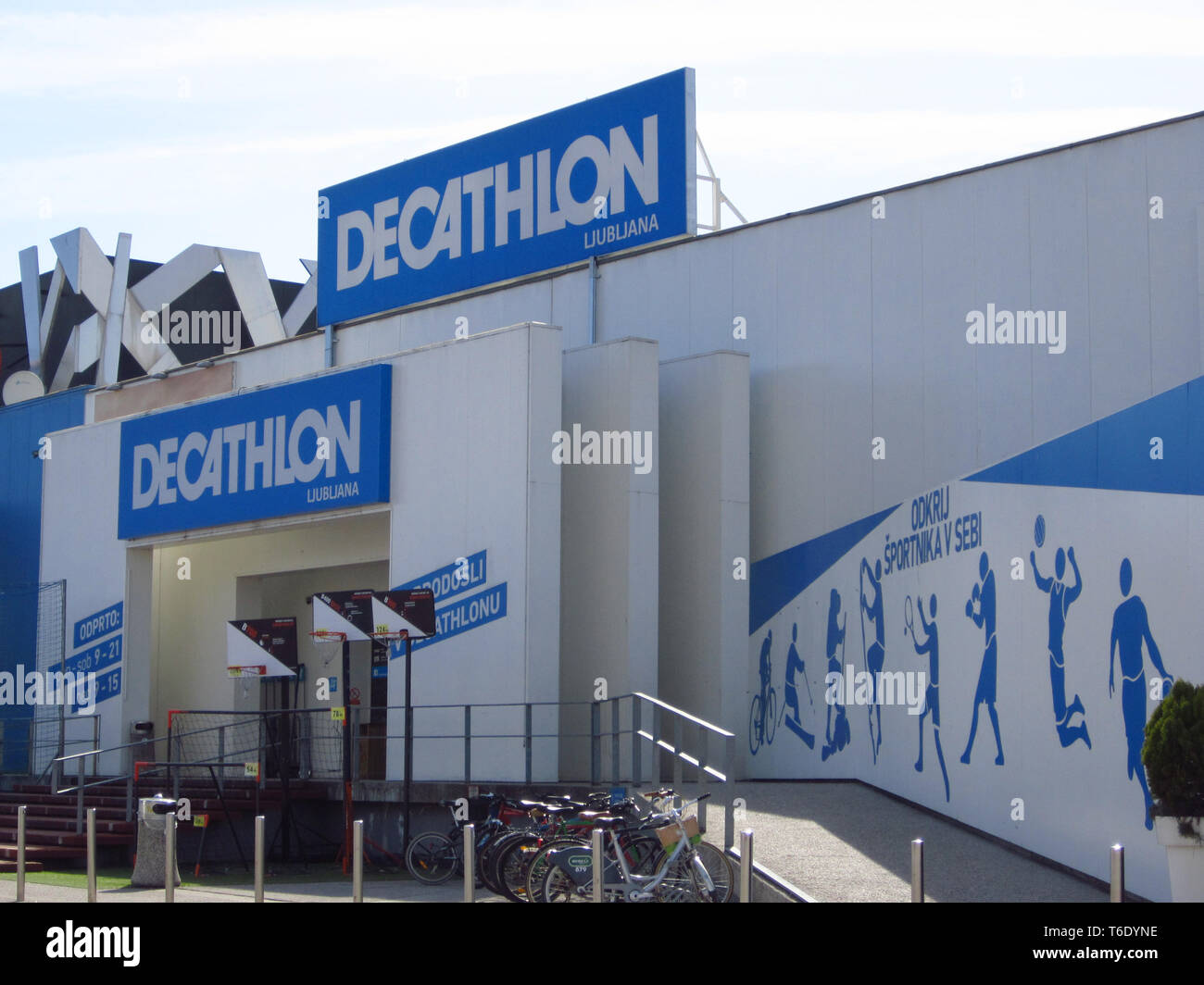 LJUBLJANA, SLOVENIA - MARCH 22 2019: Decathlon sign on a wall. Decathlon is a french company and one of the world's largest sporting goods retailers Stock Photo