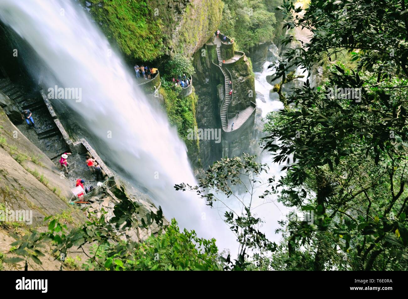Viewpoints at the Pailon del Diablo Banos waterfall in Ecuador Stock Photo