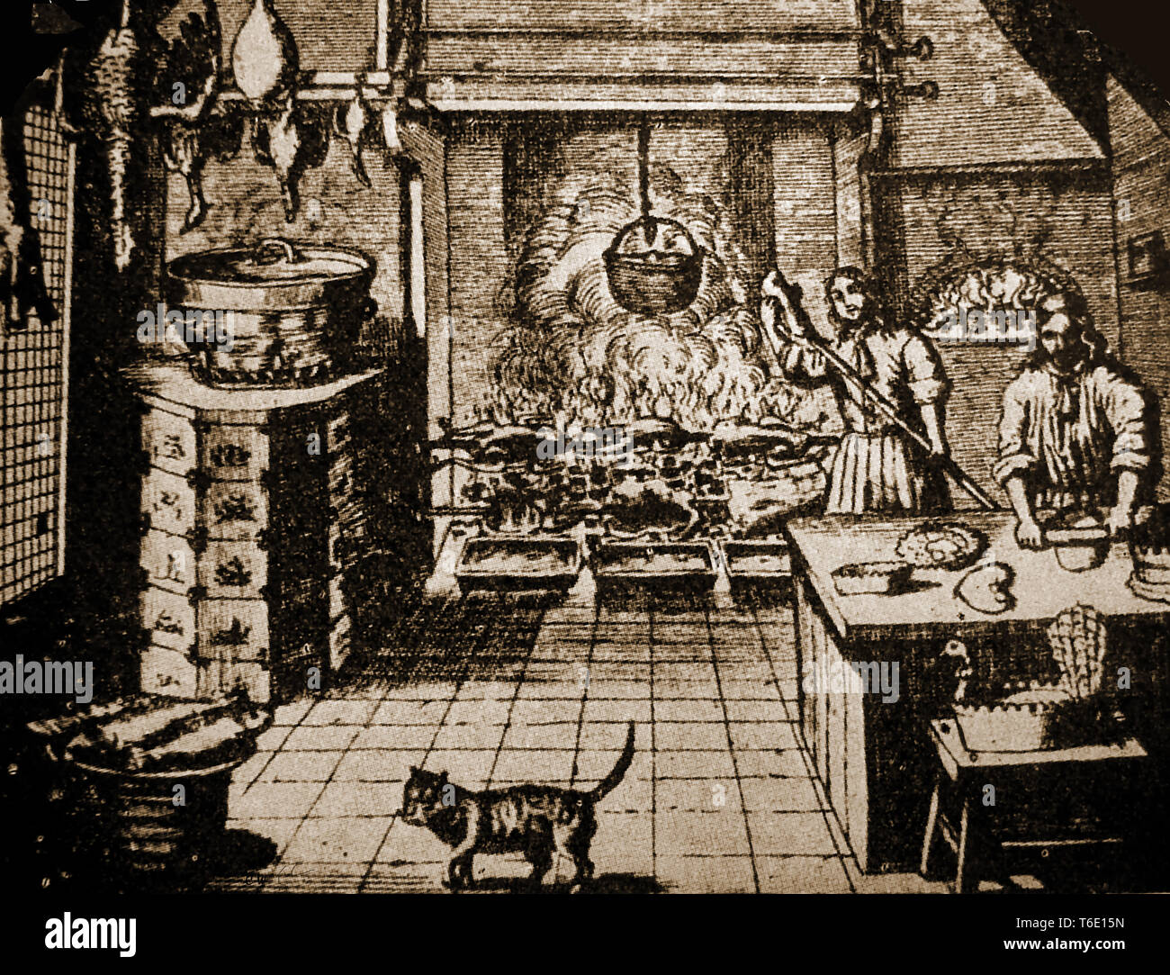 An engraving of a 17th century kitchen scene in a large upper class household with bakers,cook and  hogs on roasting on a spit and bread dough proving near the fire. Stock Photo