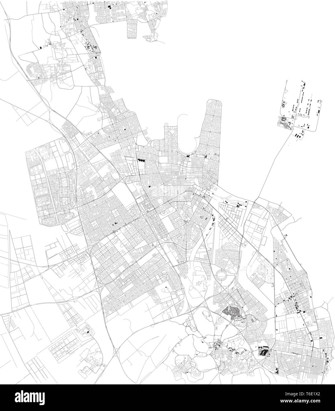 Satellite map of Dammam. It is the capital of the Eastern Province of Saudi Arabia. Map of streets and buildings of the town center. Asia Stock Vector