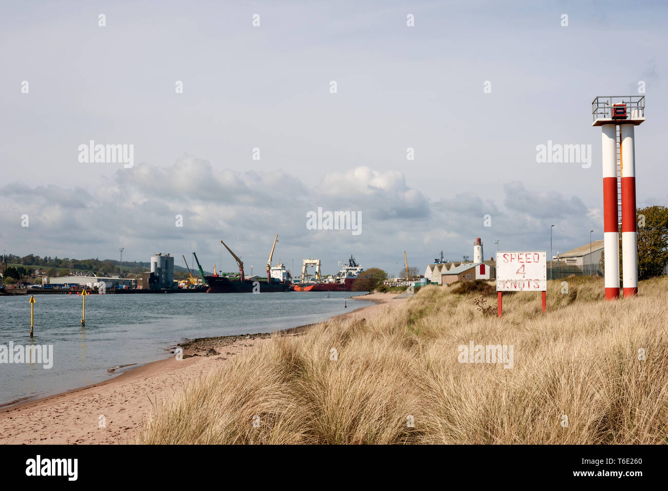 Entrance to Montrose Port, Angus, Scotland UK with navigation markers and River South Esk at low water. Stock Photo