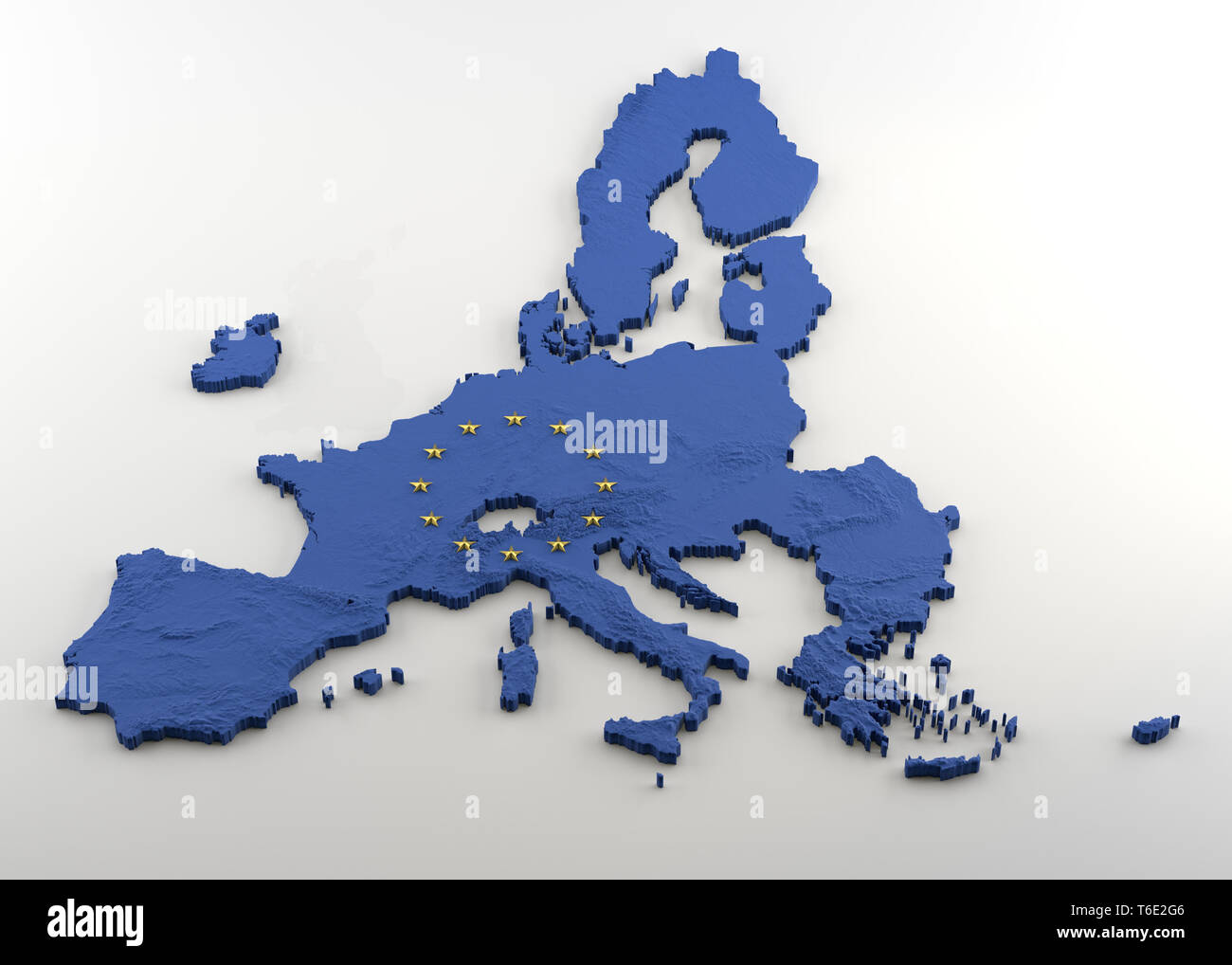 Extruded political Map of European Union with relief without United Kingdom after anticipated Brexit. Texture made of Blue EU flag with gold stars inc Stock Photo