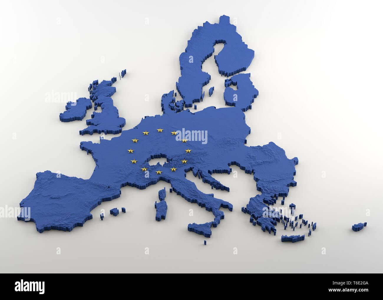 Extruded Map of Political European Union with relief including United Kingdom prior to anticipated Brexit. Texture made of Blue EU flag with gold star Stock Photo