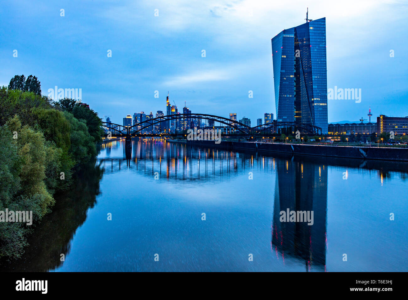 Frankfurt am Main, downtown skyline, skyscrapers, right the building of the European Central Bank ECB, railway bridge, DeutschherrnbrŸcke, Stock Photo