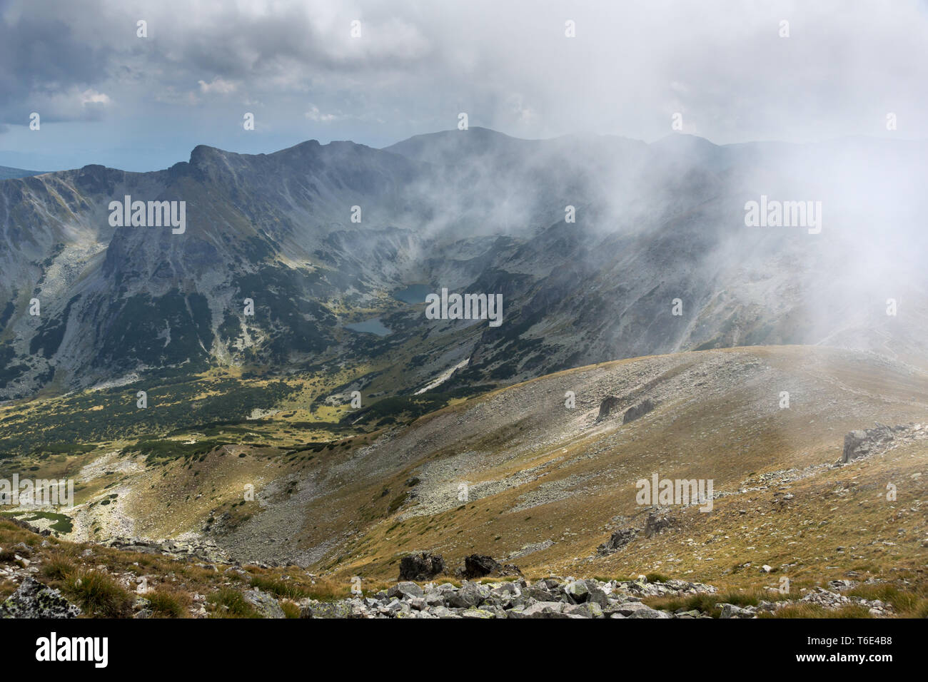 Amazing Panoramic view of hills covered with fog from Musala peak, Rila ...
