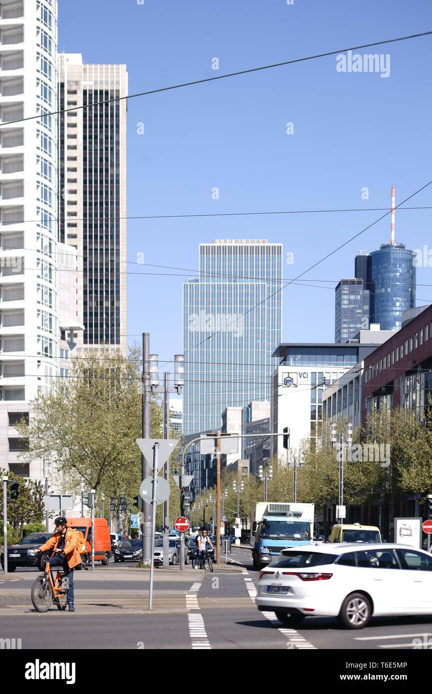 Frankfurt, Germany - April 18, 2019: Various skyscrapers such as the Westend Tower and the Deutsche Bank skyscraper in the background at Westend Stree Stock Photo