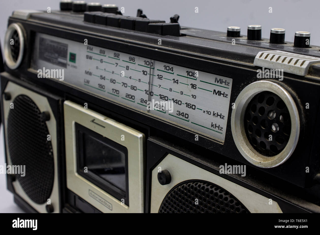 In the 70s and 80s the music was listened to through the cassettes, a magnetic storage device. The radios were very large, containing two speakers and Stock Photo