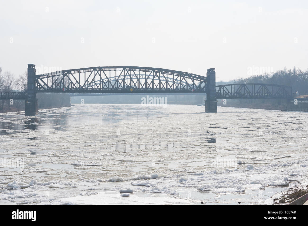 Lift bridge in Magdeburg on the river Elbe in winter Stock Photo