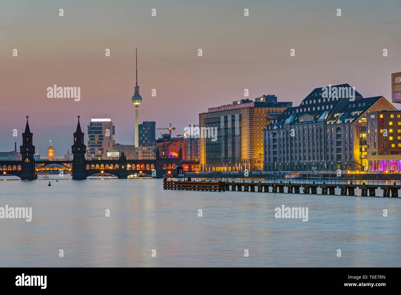 Dusk at the river Spree in Berlin with the Television Tower in the back Stock Photo