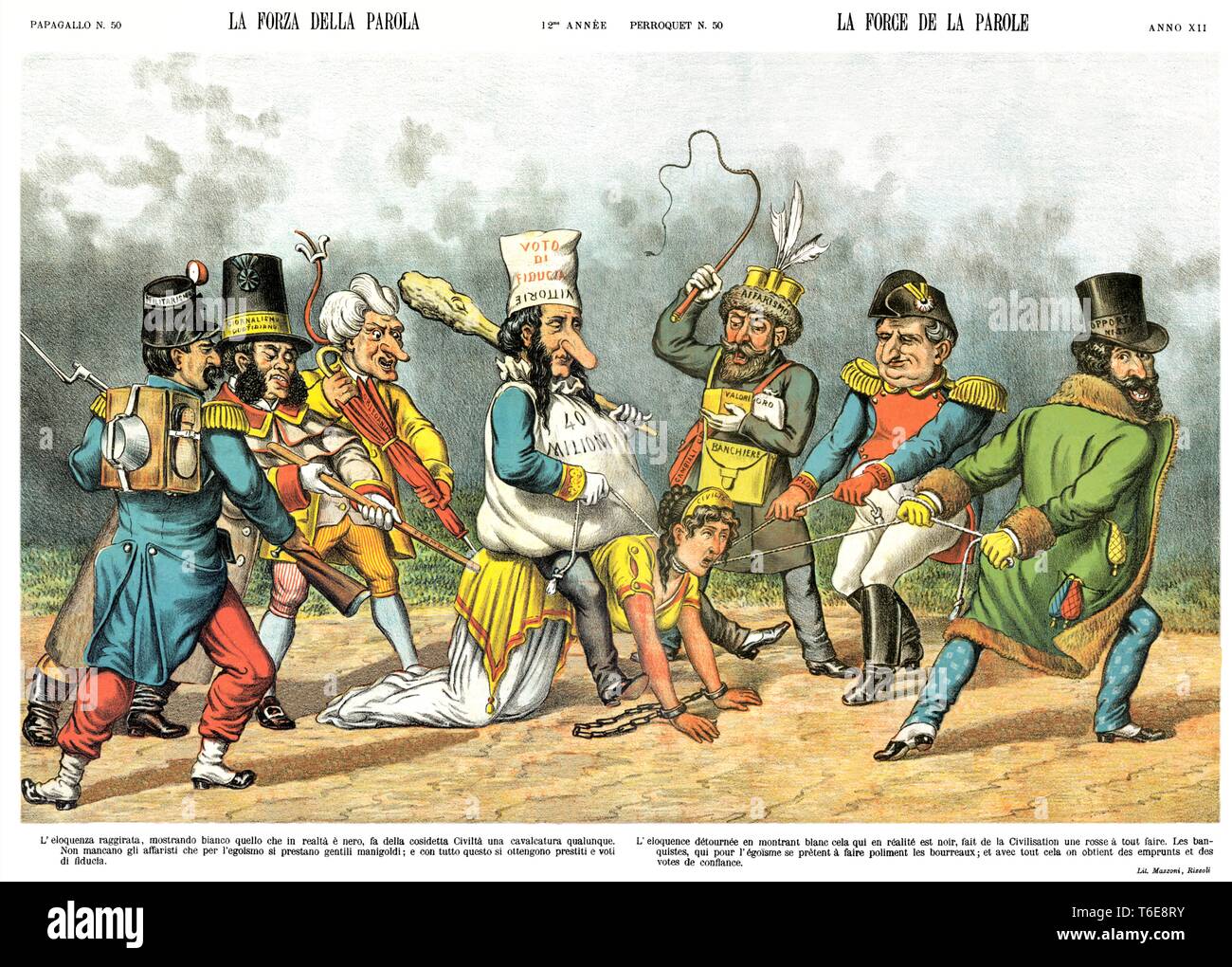 The strength of the word,  by satirical cartoon weekly Il Papagallo 1884 Stock Photo