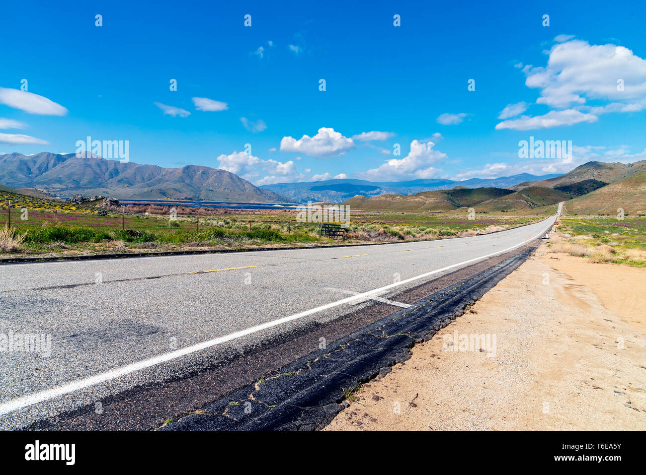 Long straight rural road leading towards mountains beyond under bright blue skies with white fluffy clouds. Stock Photo