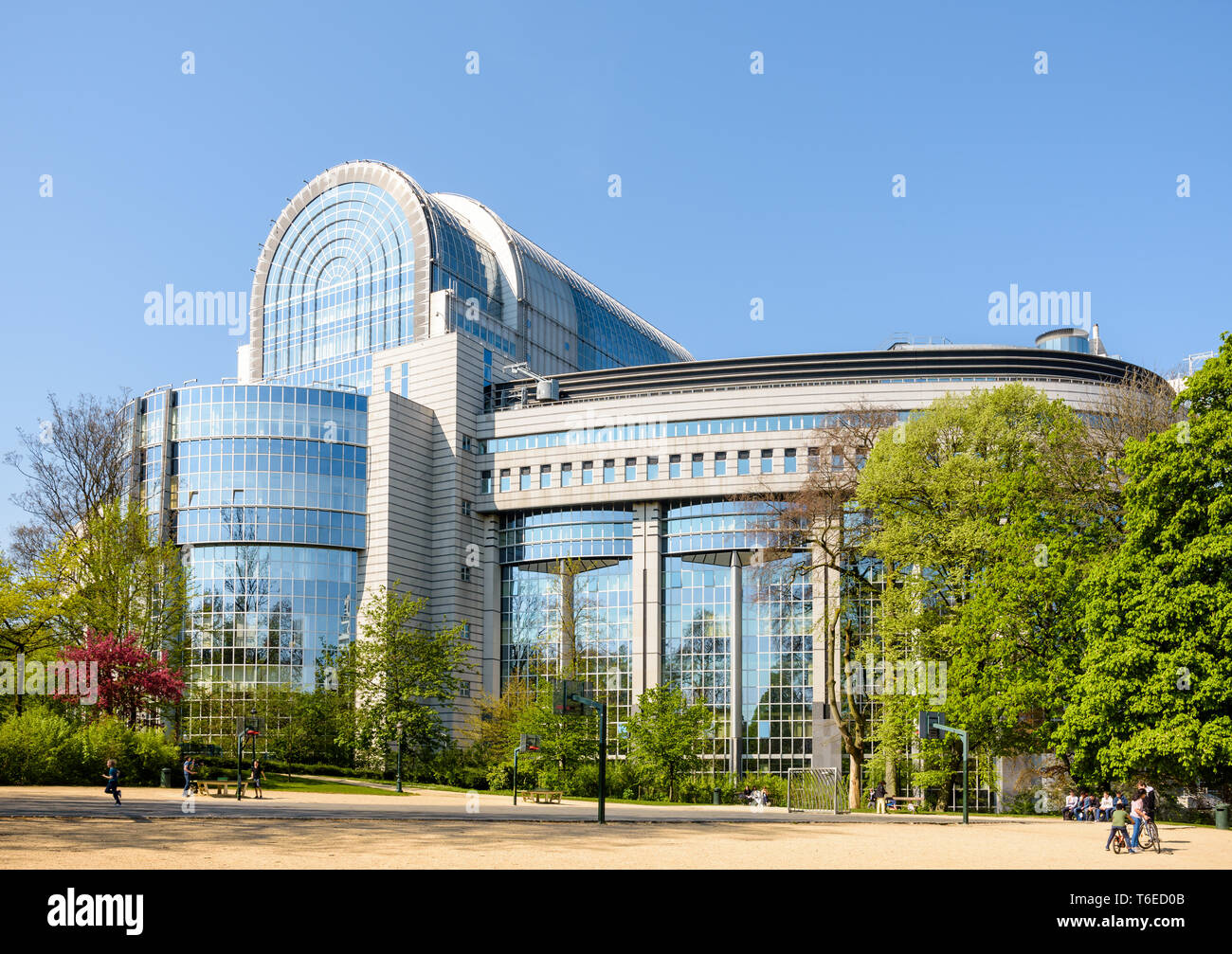 Eastern facade of the Paul-Henri Spaak building, seat of the hemicycle of the European Parliament in Brussels, Belgium, seen from the Leopold park. Stock Photo