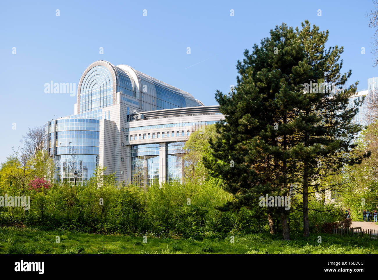 Eastern facade of the Paul-Henri Spaak building, seat of the hemicycle of the European Parliament in Brussels, Belgium, seen from the Leopold park. Stock Photo