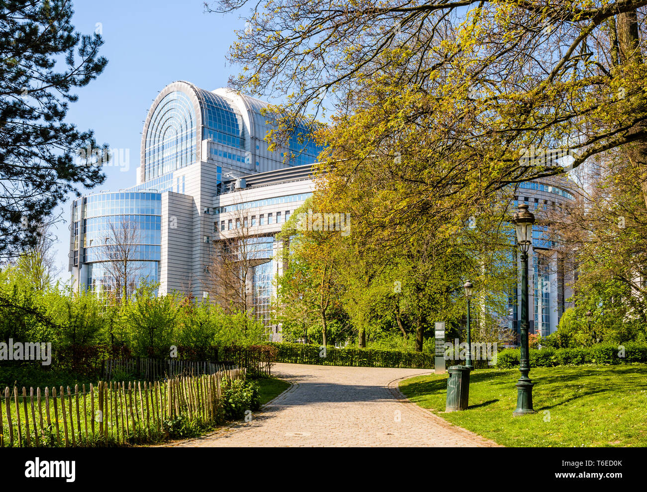 Eastern facade of the Paul-Henri Spaak building, seat of the hemicycle of the European Parliament in Brussels, Belgium, seen from the Leopold park. Stock Photo