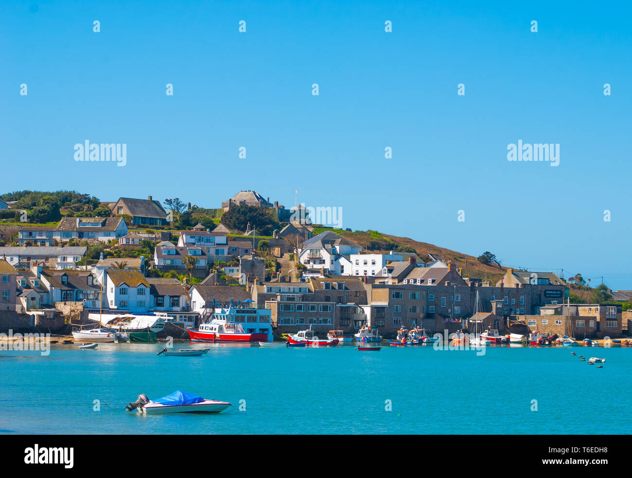 A beautiful summer's day on the Isles of Scilly, this is St Mary's, the main harbour. Stock Photo