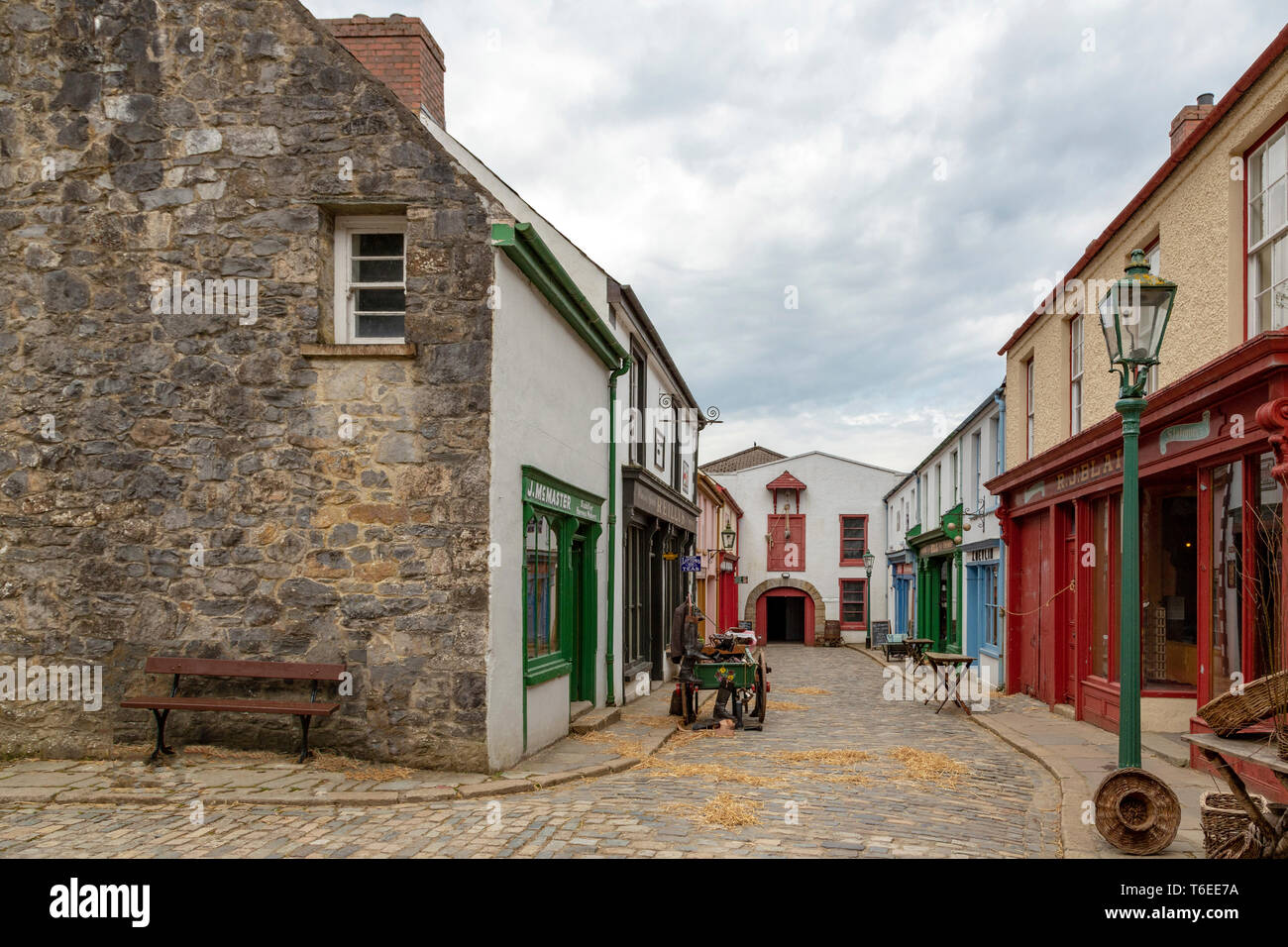 Historic Irish street with colorful shop fronts at the Ulster American Folk Park, Omagh, County Tyrone, Northern Ireland, UK. Stock Photo