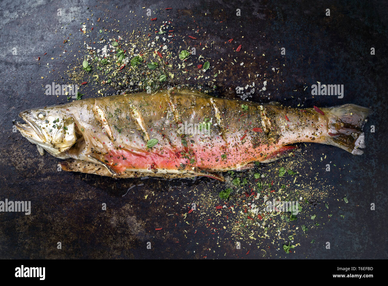 Barbecue char with herbs as top view on an old metal sheet Stock Photo