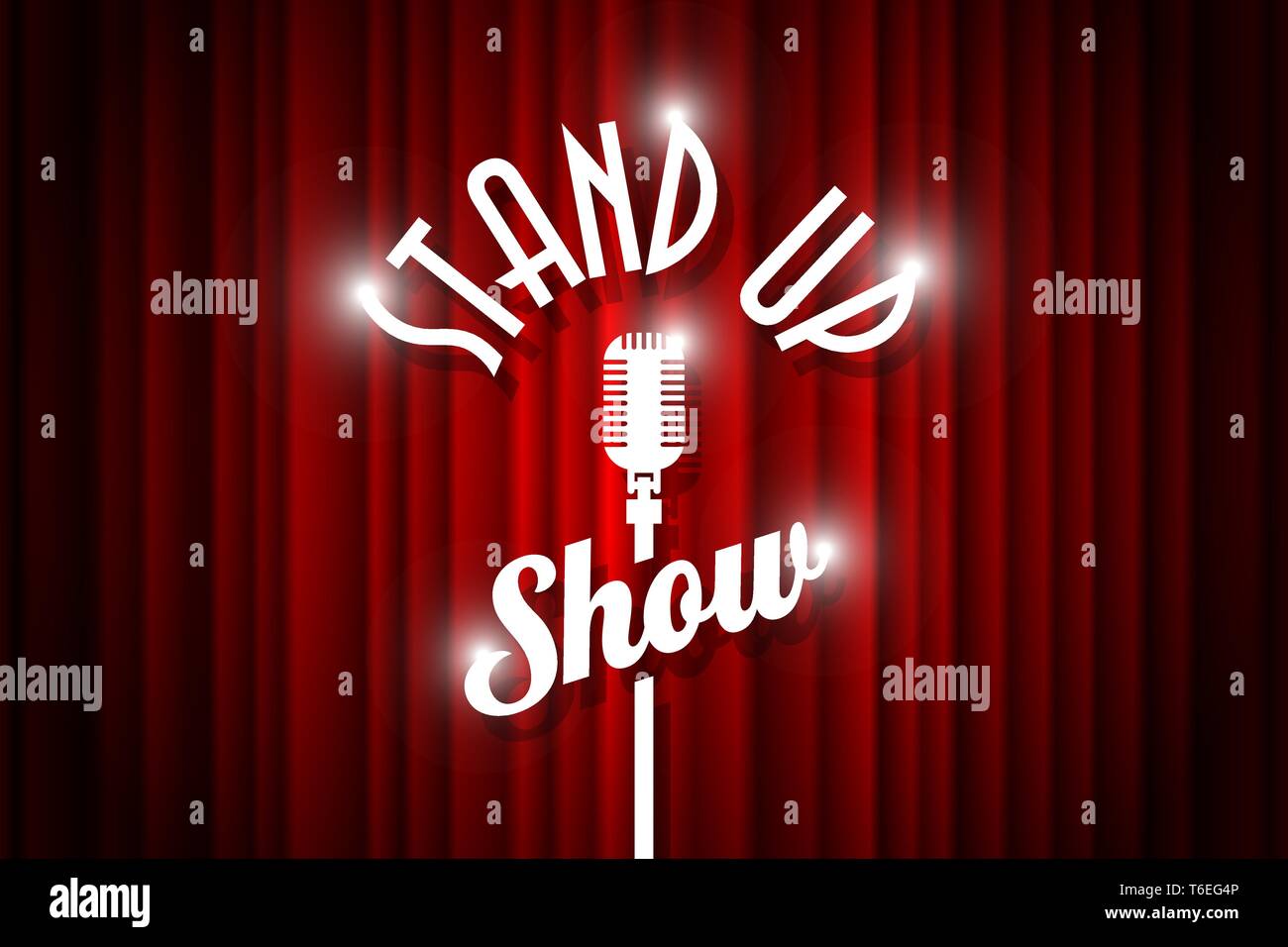 Stand up comedy night live show open mic on empty theatre stage. Vintage microphone against red curtain backdrop. Retro vector art image illustration. Stock Vector