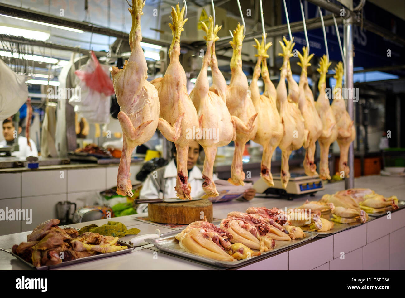 Fresh chicken stall at Mercado Central or Central Market in Lima, Peru