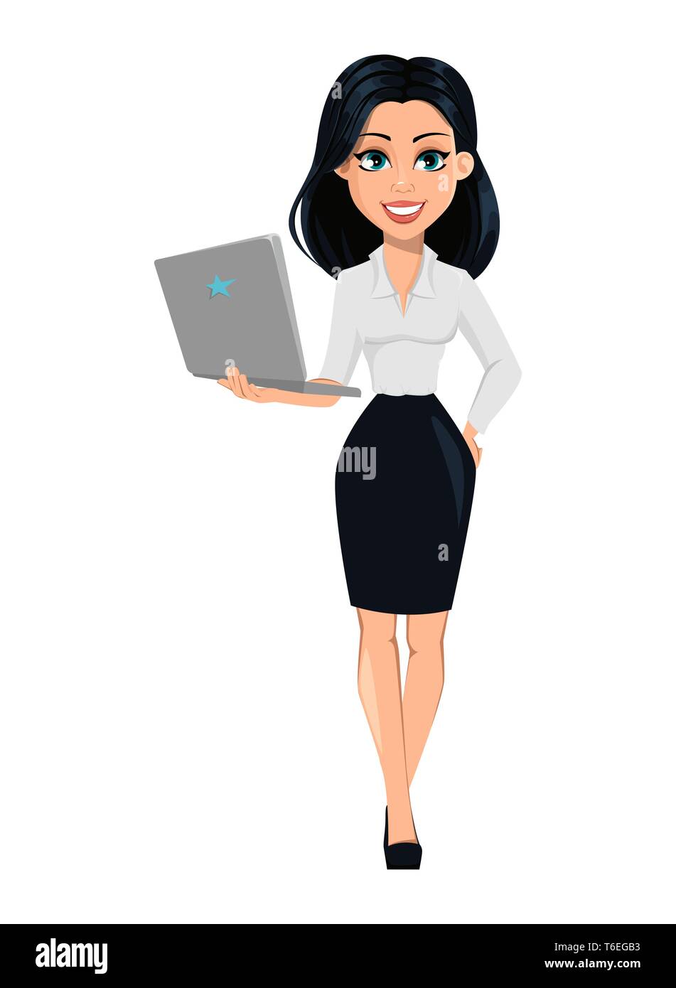 Concept of modern young business woman. Cartoon character businesswoman  holds modern laptop. Vector illustration on white background Stock Vector  Image & Art - Alamy