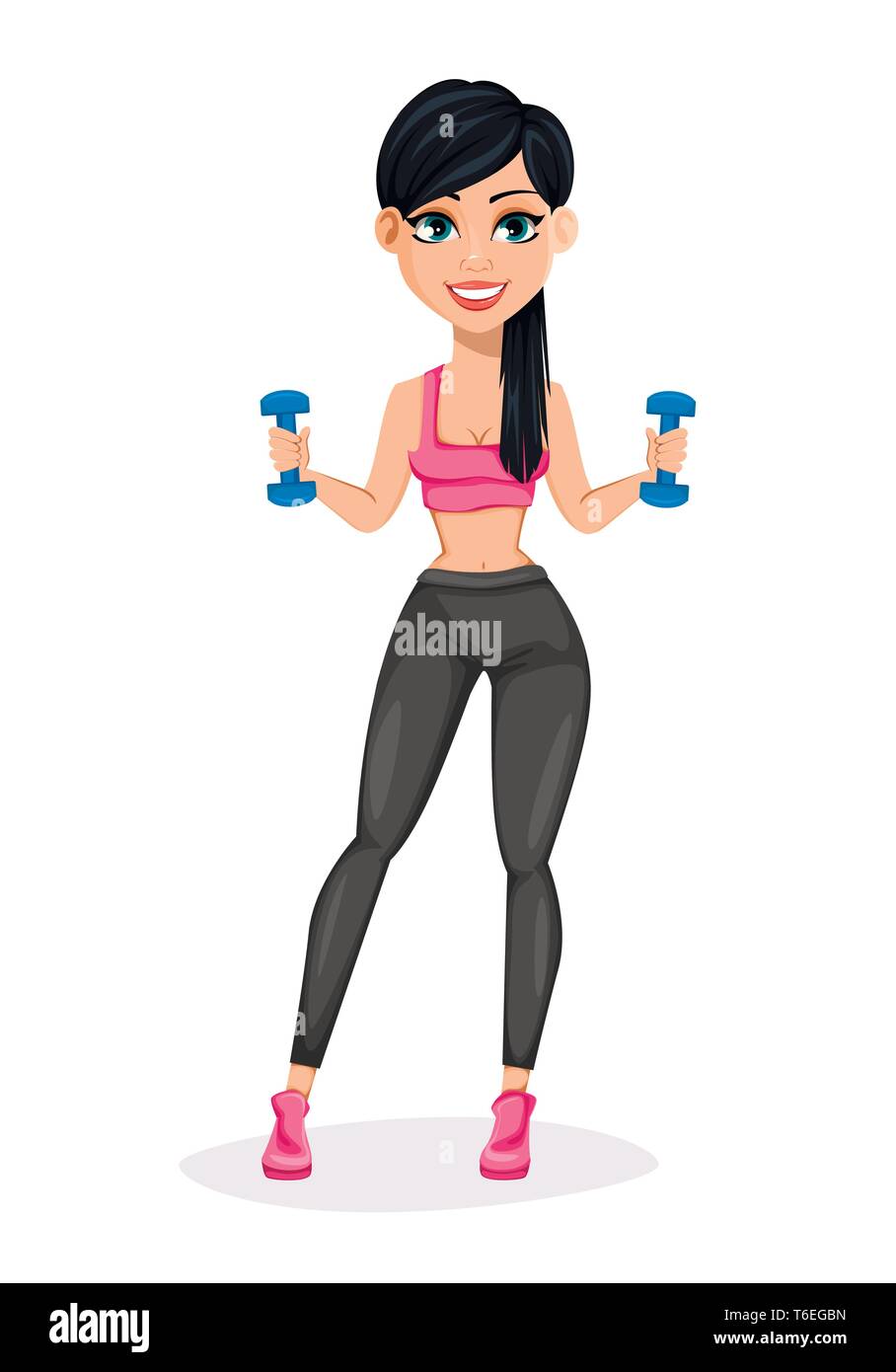 Pretty sporty lady, attractive fitness woman. Cheerful cartoon character doing exercises with