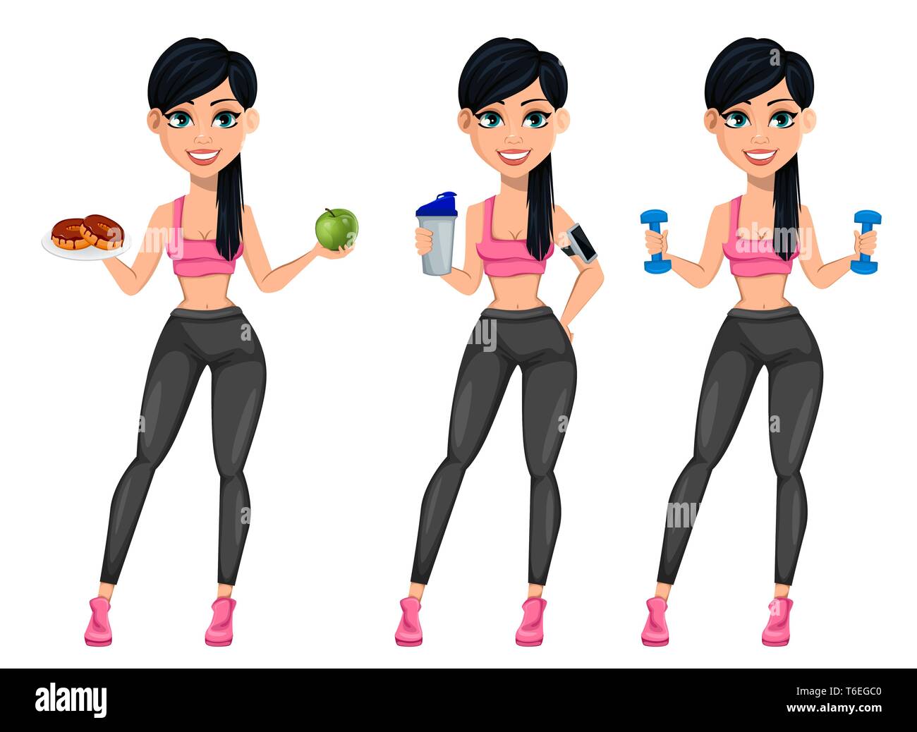 Pretty sporty lady, attractive fitness woman, set of three poses. Cheerful cartoon character holding donuts and apple, holding shaker and holding dumb Stock Vector
