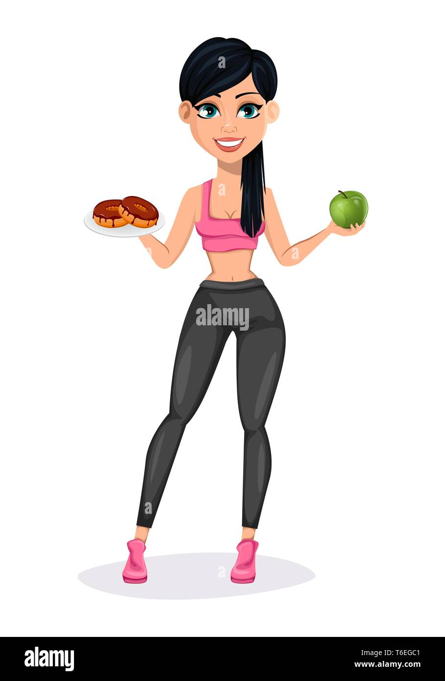 Pretty sporty lady, attractive fitness woman. Cheerful cartoon character holding donuts and apple. Vector illustration on white background Stock Vector