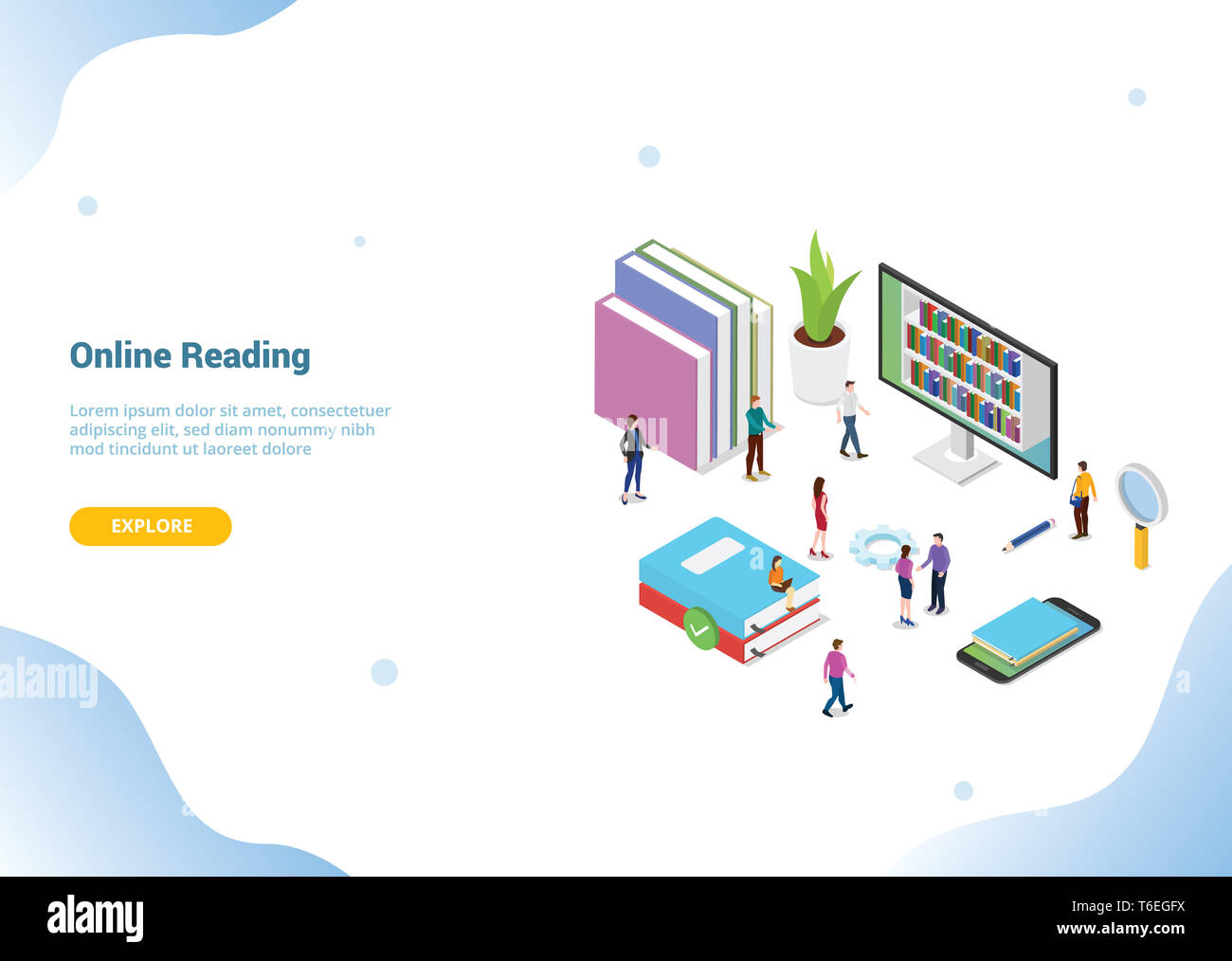 isometric 3d online reading concept with books or ebooks for website ...