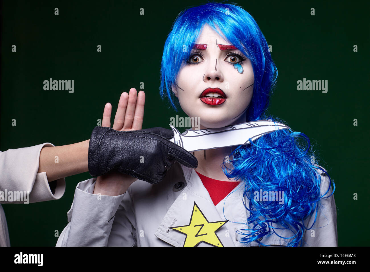 Female with knife near throat. Portrait of young woman in comic pop art