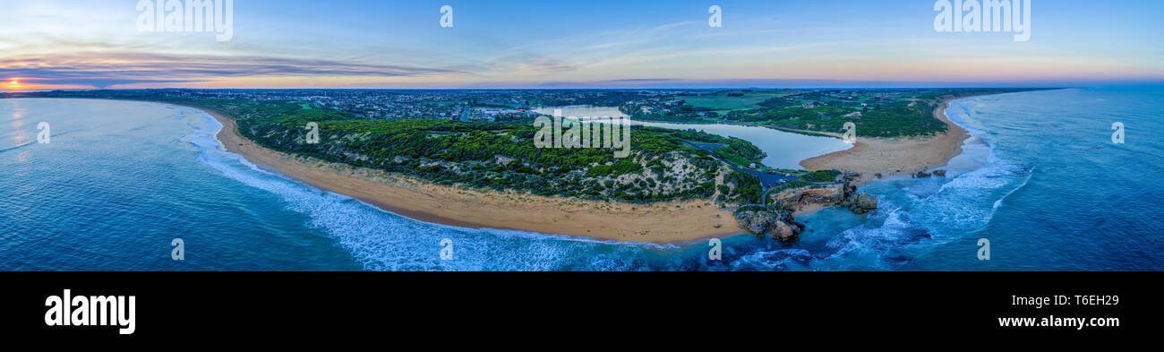 Point Ritchie Warnambool Wide aerial panorama of Point Ritchie lookout and Hopkins River mouth ...