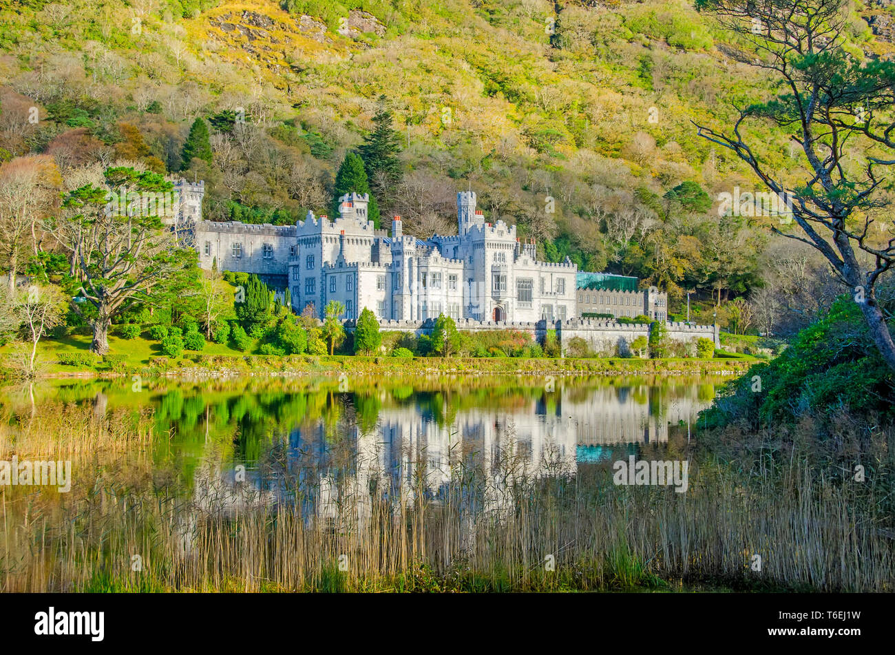 Kylemore Abbey castle at the base of Druchruach Mountain in Connemara