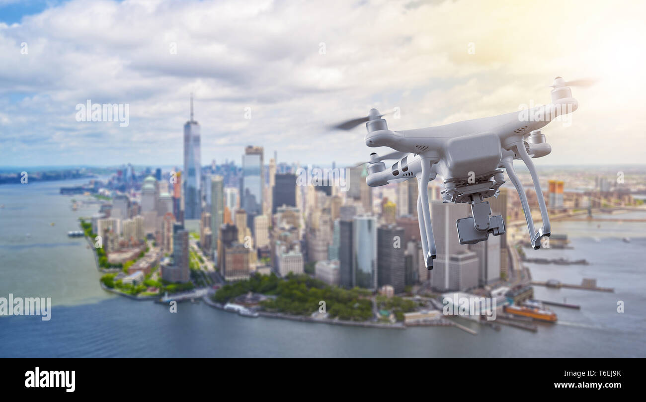 Drone flying over Manhatten New York City Stock Photo